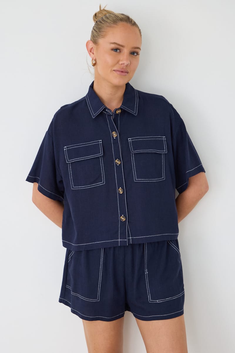 Blue Cropped Shirt Short Sleeve Collared Outpocket for Ally Fashion