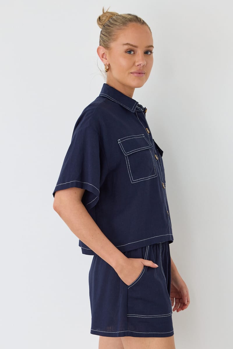 Blue Cropped Shirt Short Sleeve Collared Outpocket for Ally Fashion