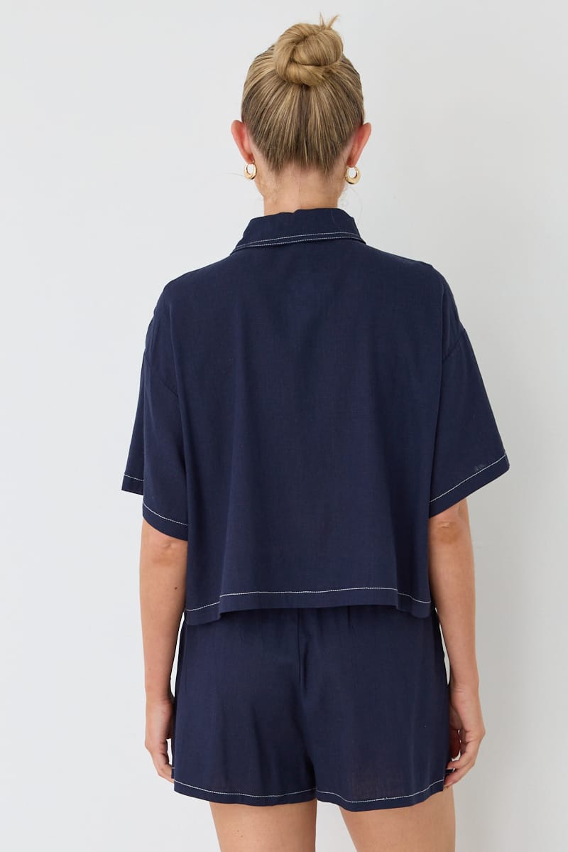 Blue Cropped Shirt Short Sleeve Collared Outpocket for Ally Fashion