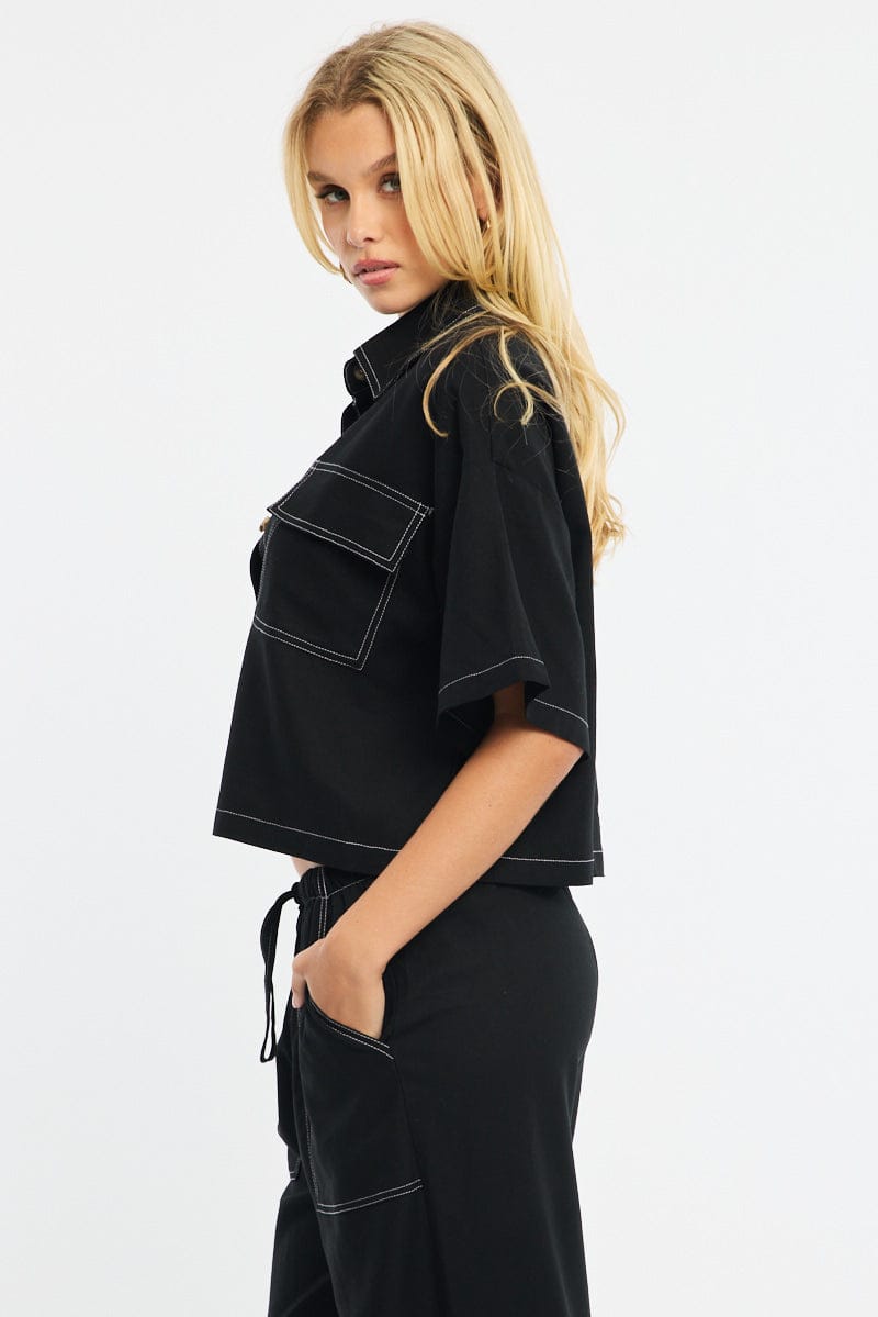 Black Cropped Shirt Short Sleeve Collared Outpocket for Ally Fashion