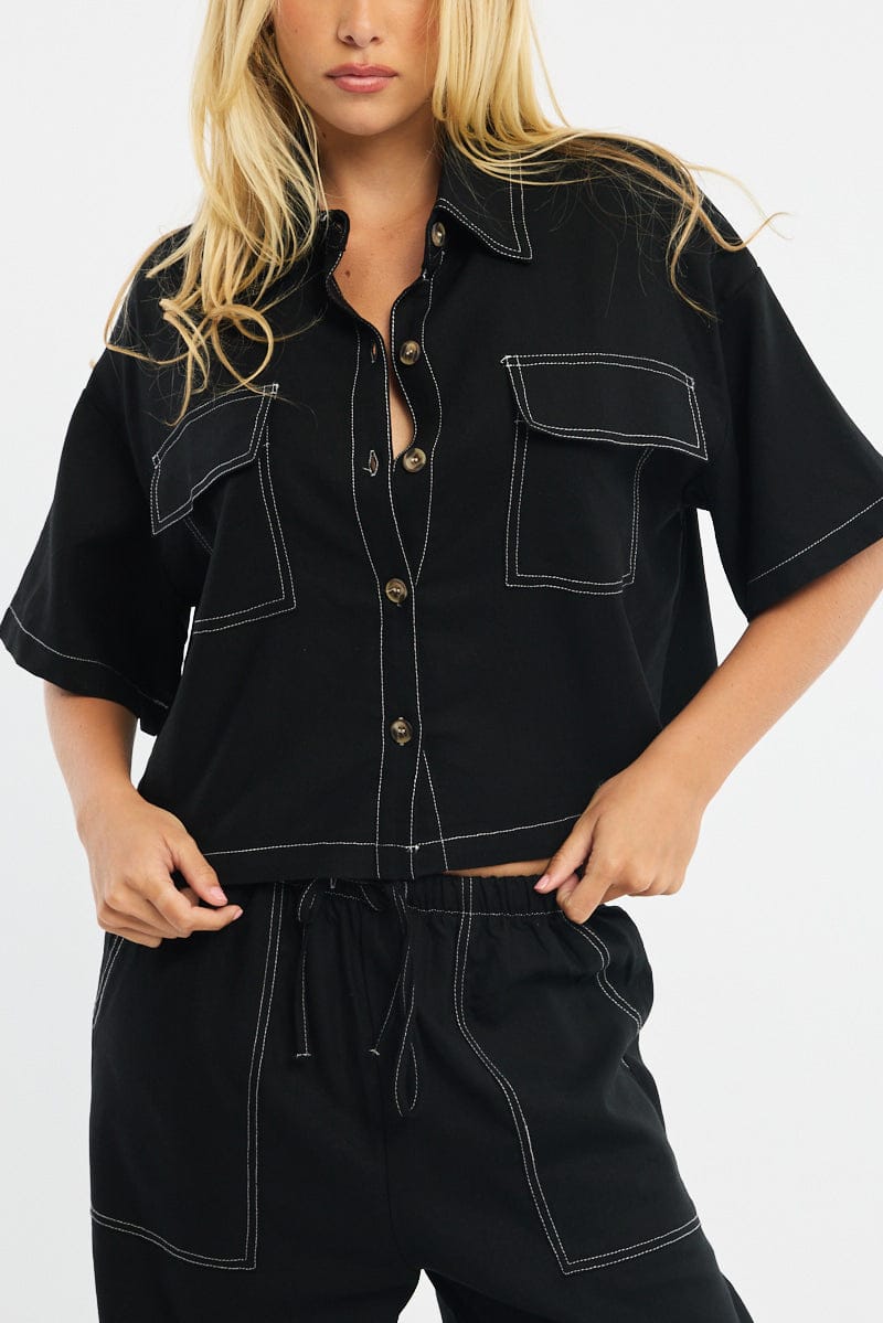 Black Cropped Shirt Short Sleeve Collared Outpocket for Ally Fashion