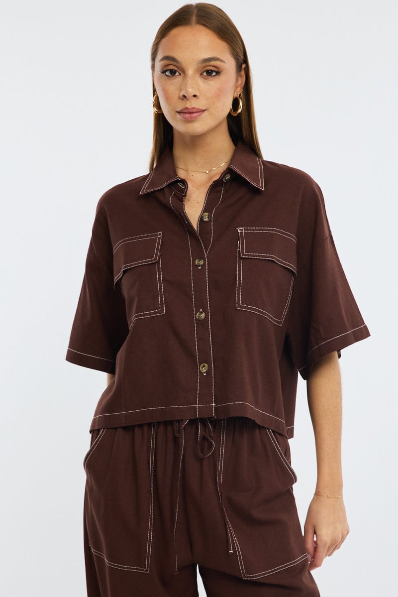 Brown Cropped Shirt Short Sleeve Collared Outpocket for Ally Fashion