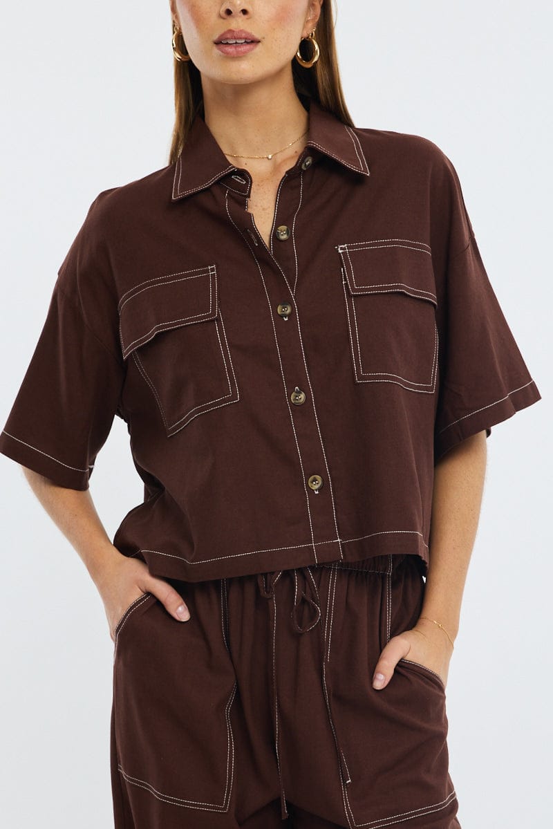 Brown Cropped Shirt Short Sleeve Collared Outpocket for Ally Fashion