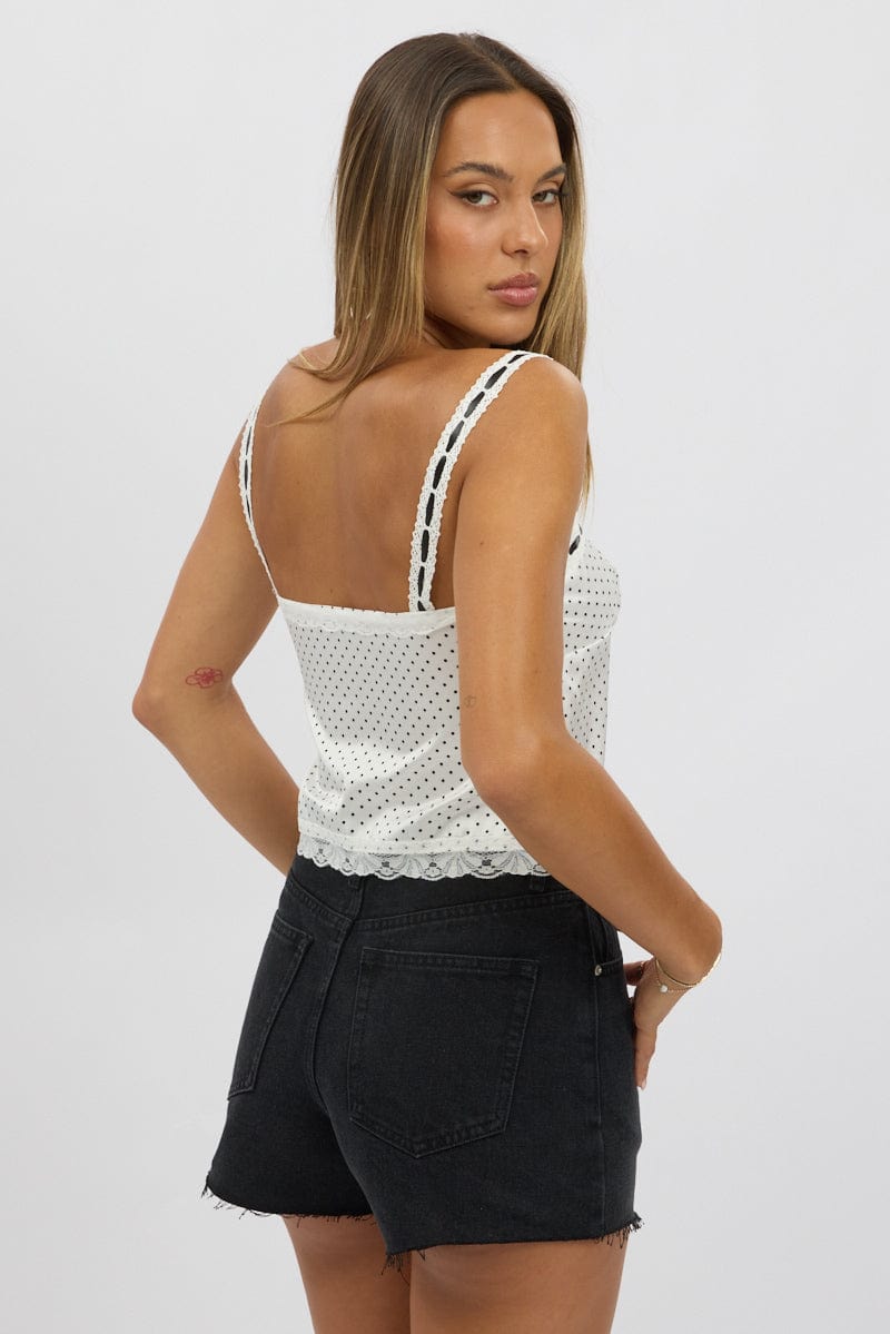 White Polka Dot Cami Top Open Front Ribbon | Ally Fashion