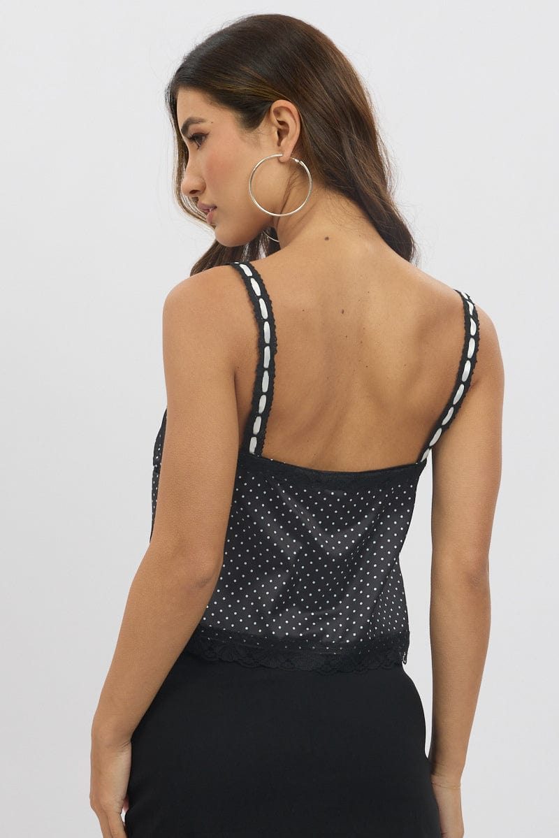 Black Polka Dot Cami Top Open Front Ribbon | Ally Fashion