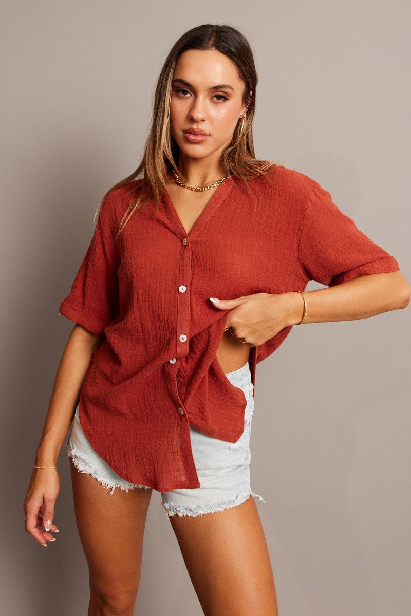 Brown Relaxed Shirt Short Sleeve for Ally Fashion