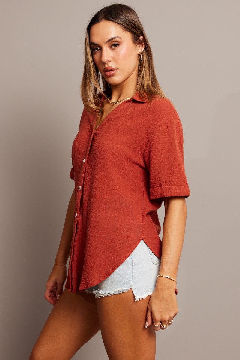 Brown Relaxed Shirt Short Sleeve for Ally Fashion