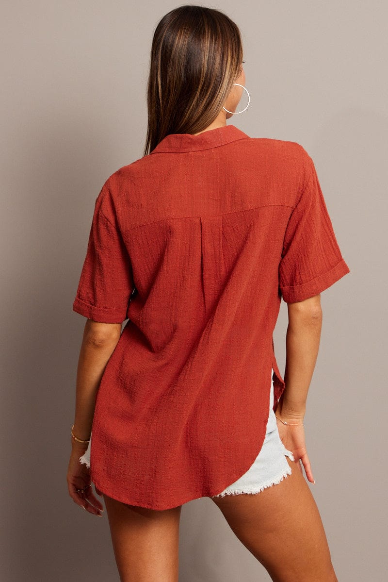 Brown Relaxed Shirt Short Sleeve for Ally Fashion