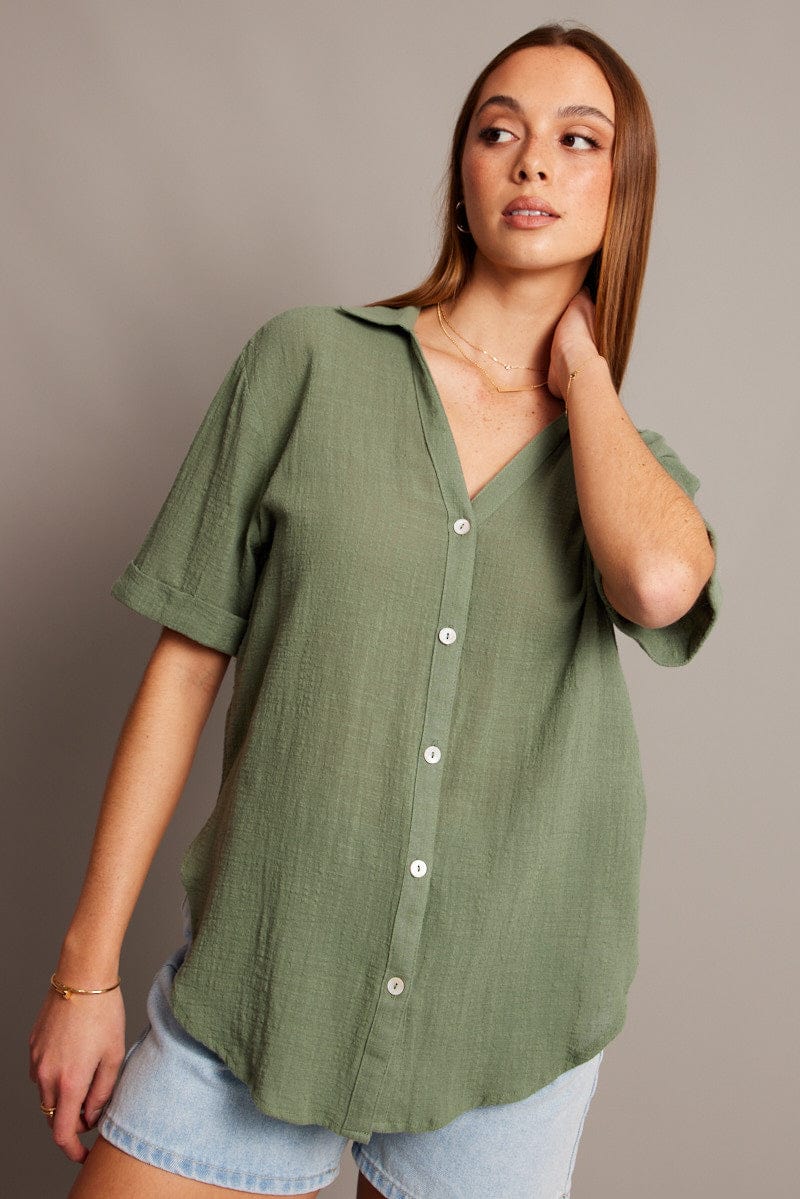 Green Relaxed Shirt Short Sleeve for Ally Fashion