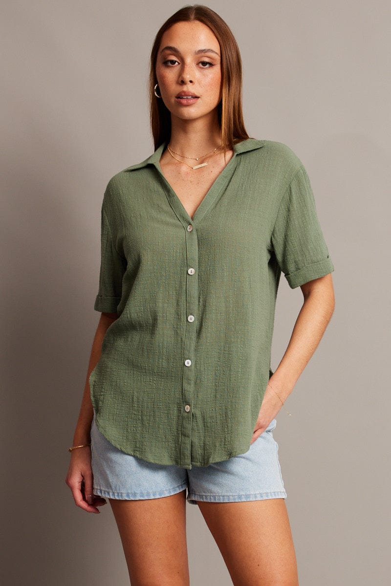 Green Relaxed Shirt Short Sleeve for Ally Fashion