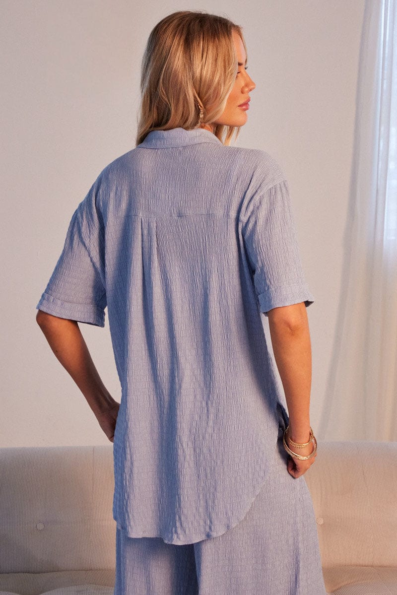 Blue Relaxed Shirt Short Sleeve Textured for Ally Fashion