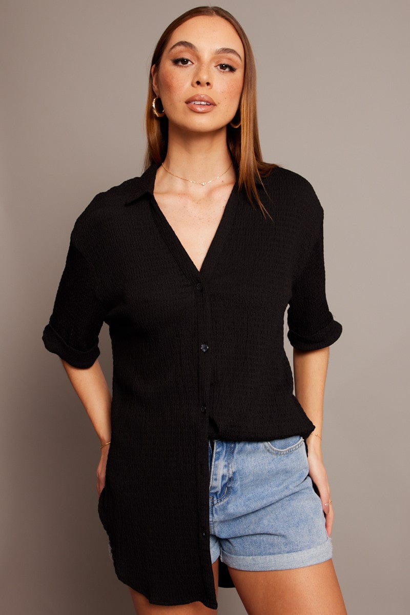 Black Textured Shirt Short Sleeve for Ally Fashion