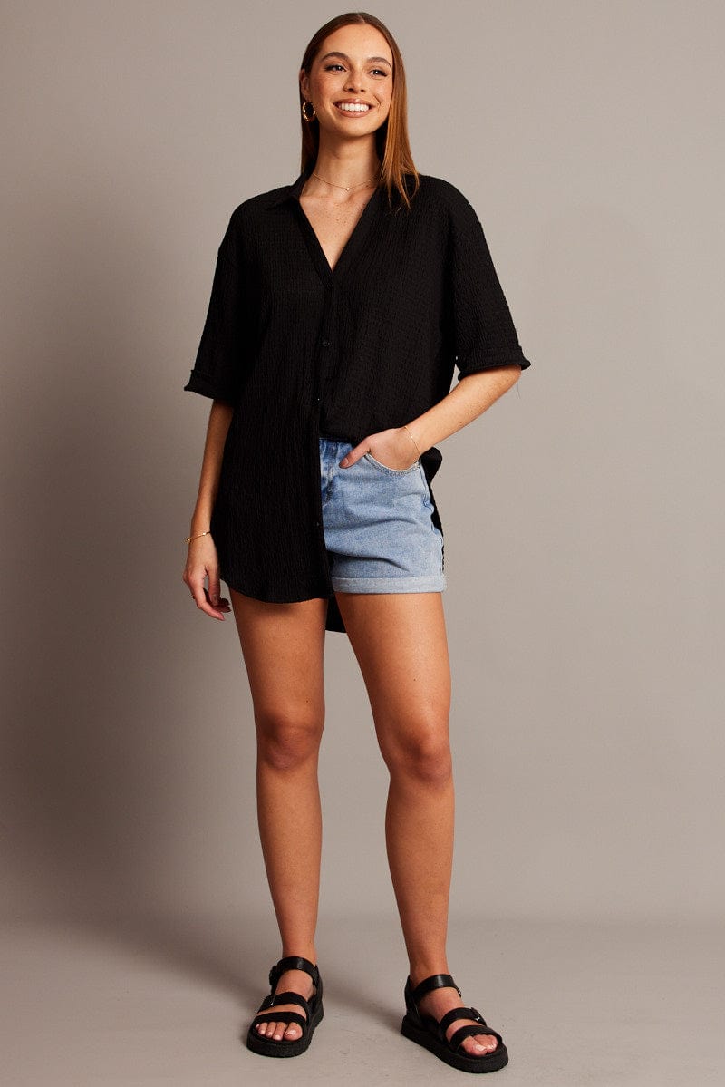 Black Textured Shirt Short Sleeve for Ally Fashion