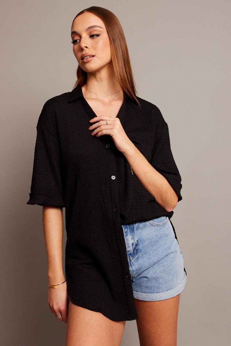 Black Textured Shirt Short Sleeve for Ally Fashion