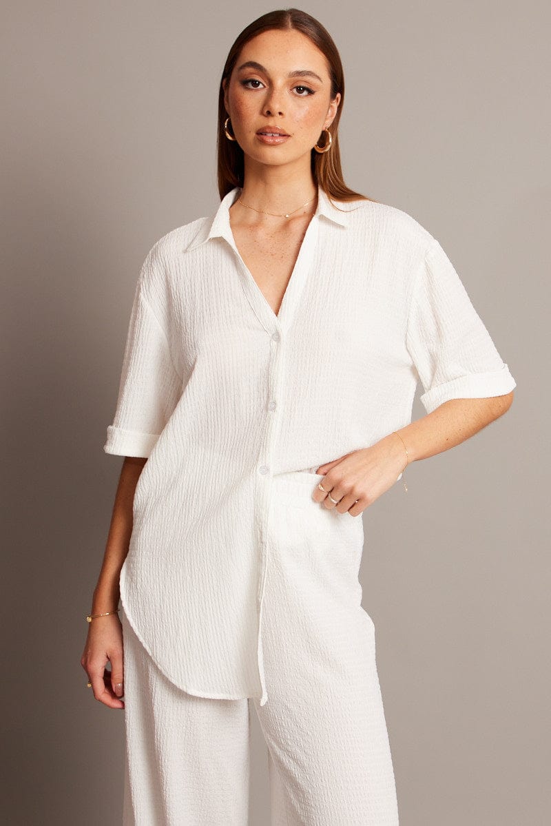 White Textured Shirt Short Sleeve for Ally Fashion