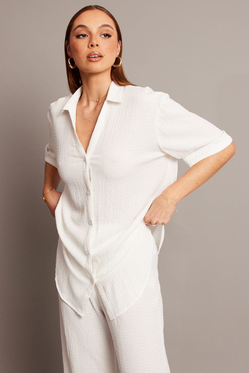 White Textured Shirt Short Sleeve for Ally Fashion