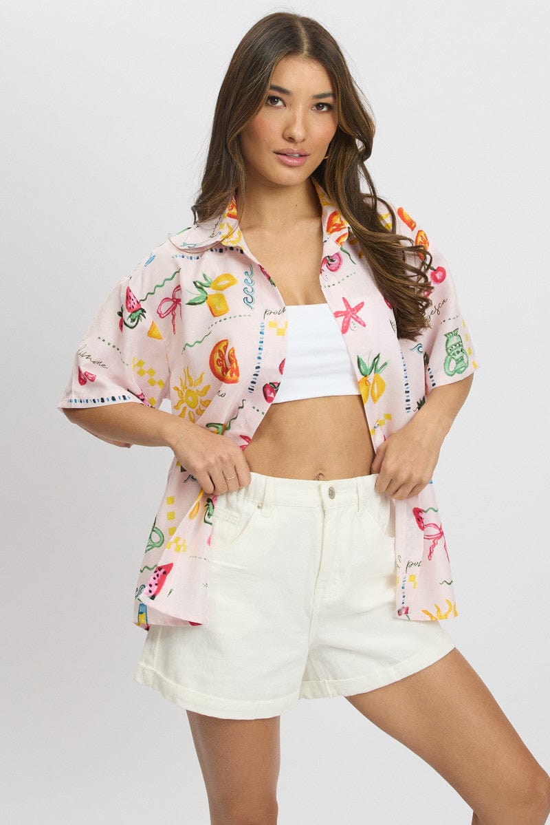 Pink Abstract Relaxed Shirt Short Sleeve for Ally Fashion