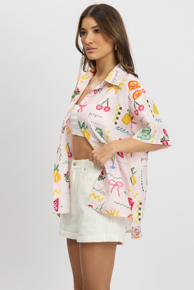 Pink Abstract Relaxed Shirt Short Sleeve for Ally Fashion