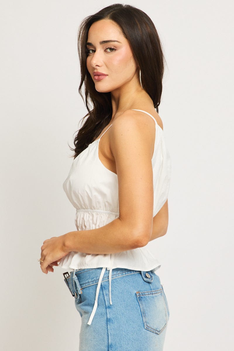 White Stripe Ruched Cami Sleeveless Boat Neck Side Tie Poplin for Ally Fashion