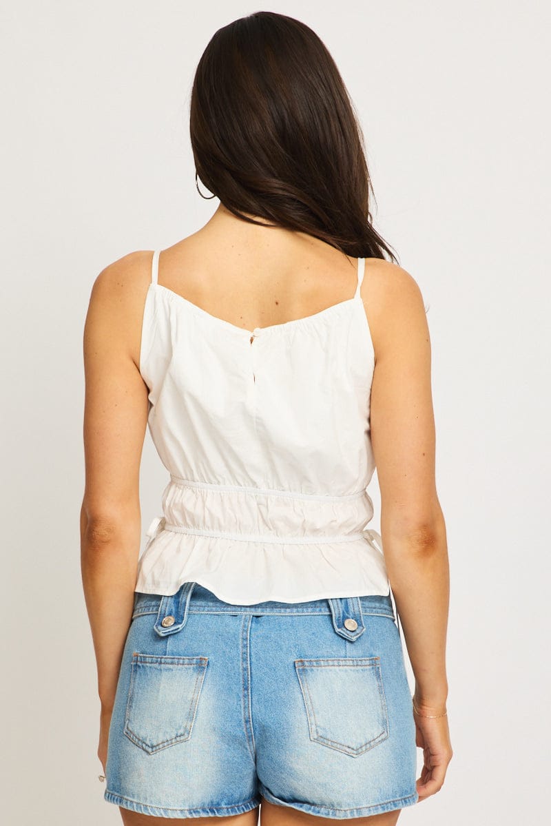 White Stripe Ruched Cami Sleeveless Boat Neck Side Tie Poplin for Ally Fashion