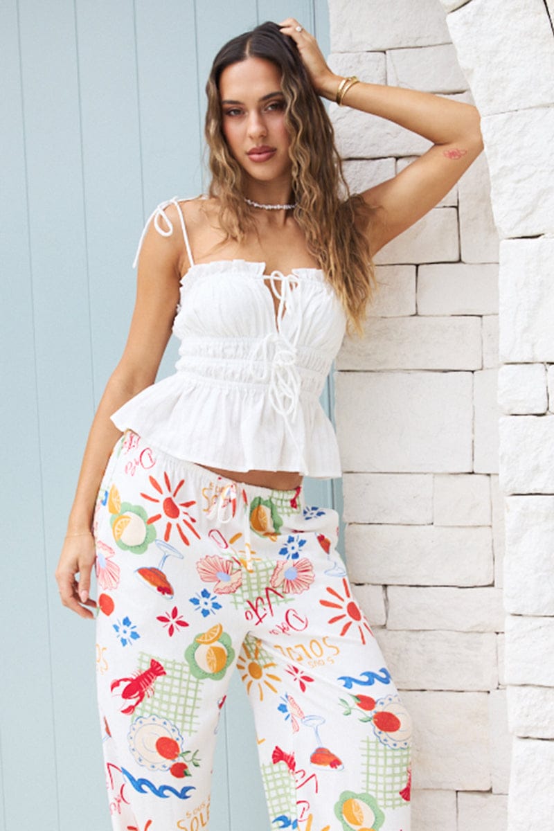 White Gathered Tie Cami Sleeveless Notched Front for Ally Fashion