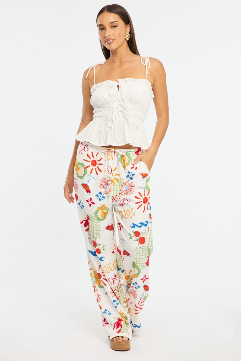 White Gathered Tie Cami Sleeveless Notched Front for Ally Fashion