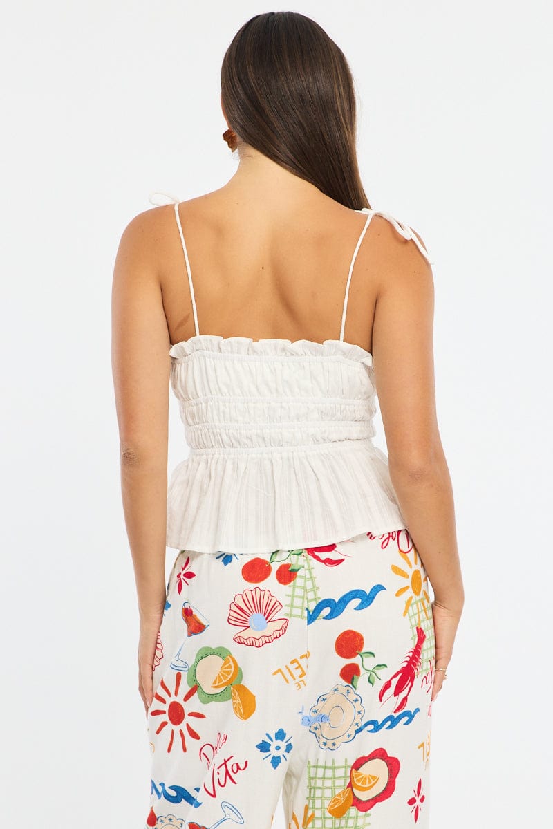White Gathered Tie Cami Sleeveless Notched Front for Ally Fashion