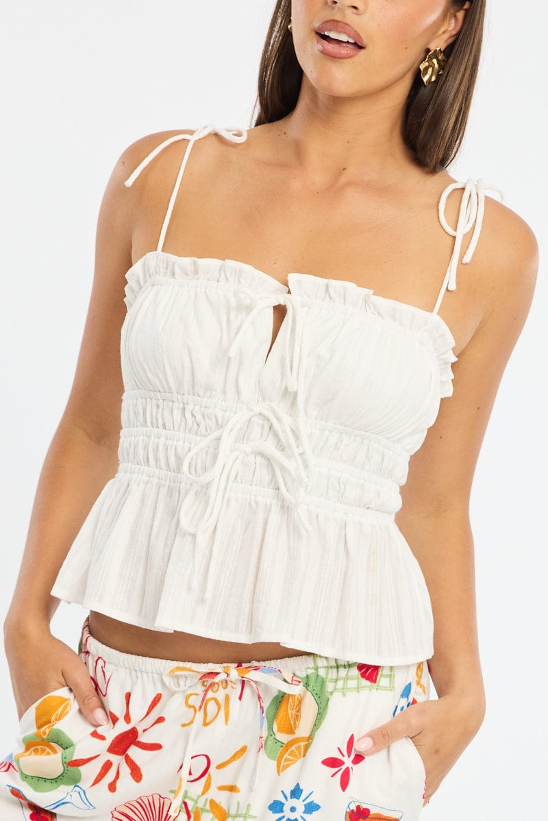 White Gathered Tie Cami Sleeveless Notched Front for Ally Fashion