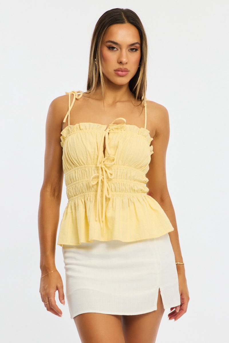 Yellow Gathered Tie Cami Sleeveless Notched Front for Ally Fashion