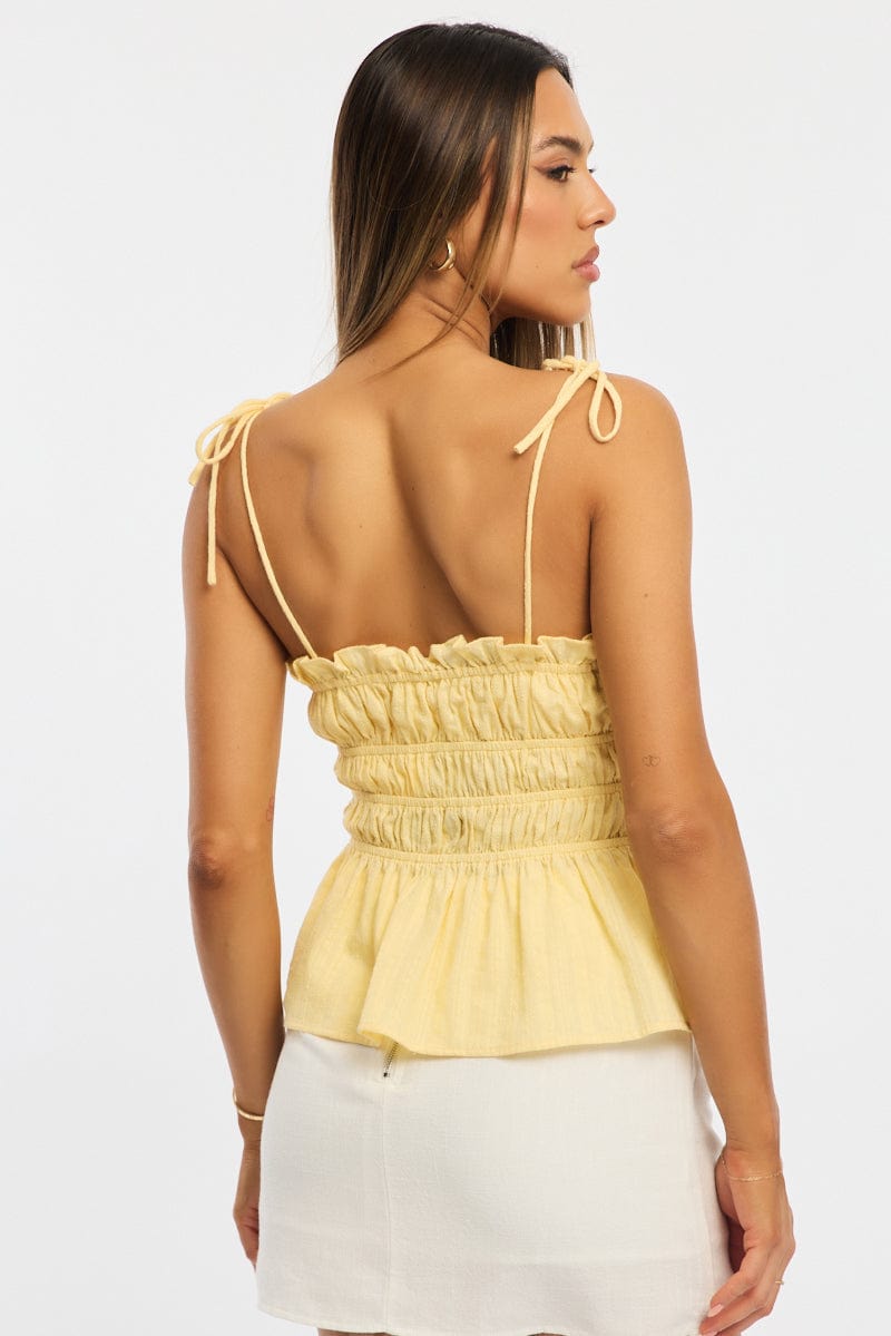 Yellow Gathered Tie Cami Sleeveless Notched Front for Ally Fashion