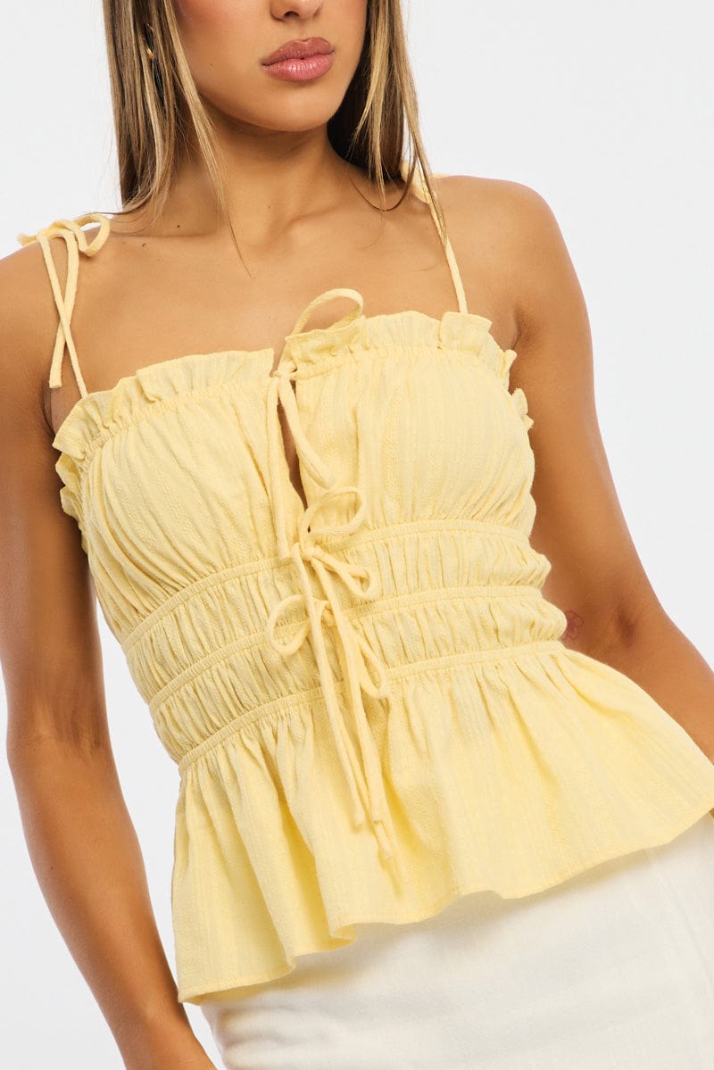 Yellow Gathered Tie Cami Sleeveless Notched Front for Ally Fashion