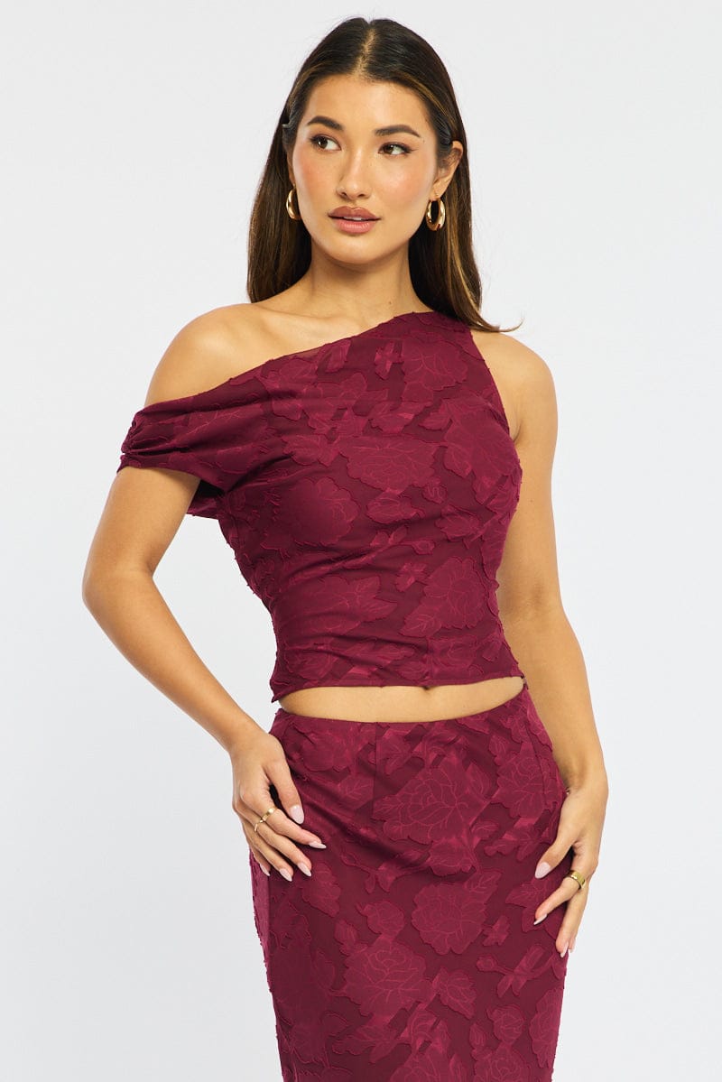 Red One Shoulder Top Sleeveless Asymmetric Textured for Ally Fashion