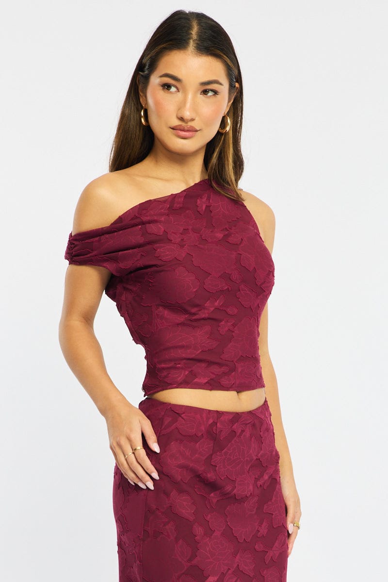 Red One Shoulder Top Sleeveless Asymmetric Textured for Ally Fashion