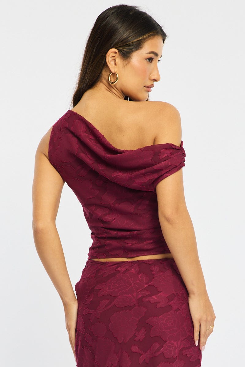 Red One Shoulder Top Sleeveless Asymmetric Textured for Ally Fashion