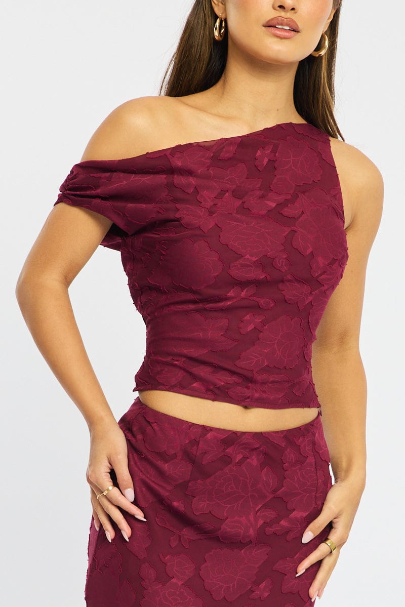 Red One Shoulder Top Sleeveless Asymmetric Textured for Ally Fashion