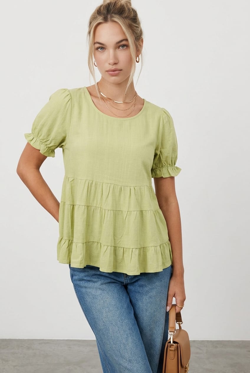 Green Smock Top Short Sleeve