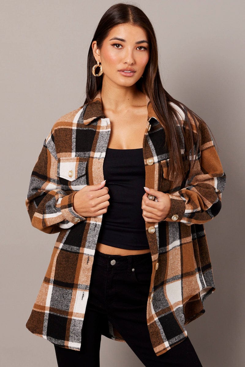 Brown Check Relaxed Shirt Long Sleeve for Ally Fashion