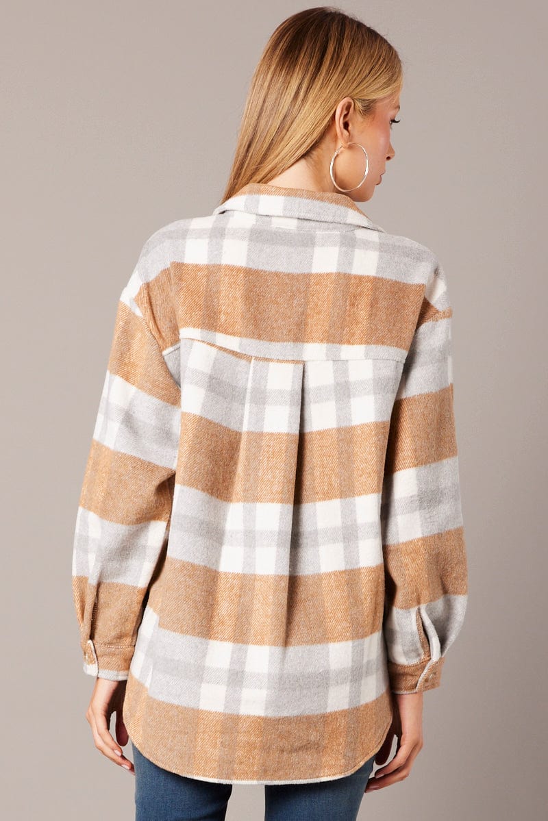 Beige Check Relaxed Shirt Long Sleeve for Ally Fashion