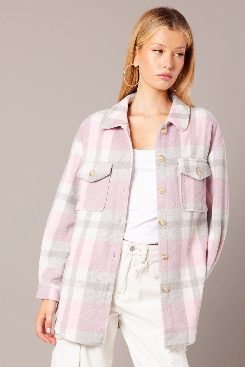 Pink Checked Oversized Shirt Jacket Women Checked Yarn Dyed