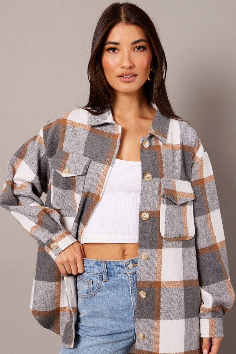 Grey Check Relaxed Shirt Long Sleeve for Ally Fashion