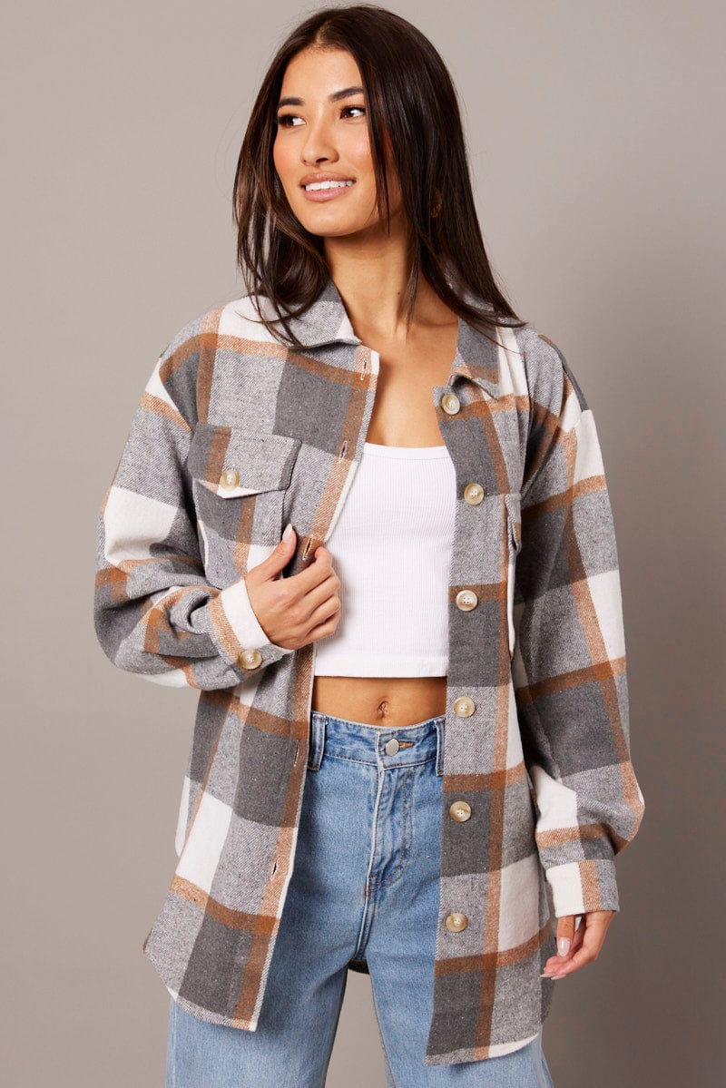 Grey Check Relaxed Shirt Long Sleeve for Ally Fashion