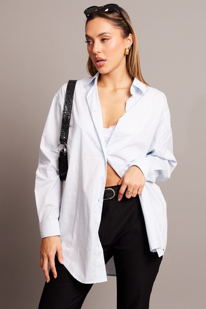 Blue Relaxed Shirt Long Sleeve Longline for Ally Fashion