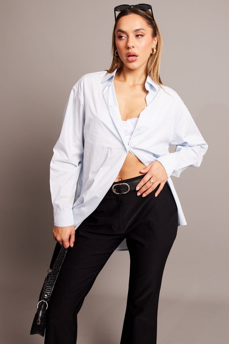 Blue Relaxed Shirt Long Sleeve Longline for Ally Fashion