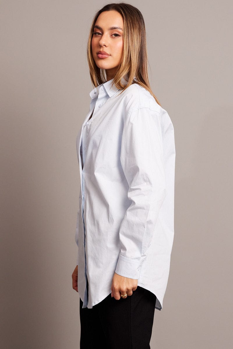 Blue Relaxed Shirt Long Sleeve Longline for Ally Fashion