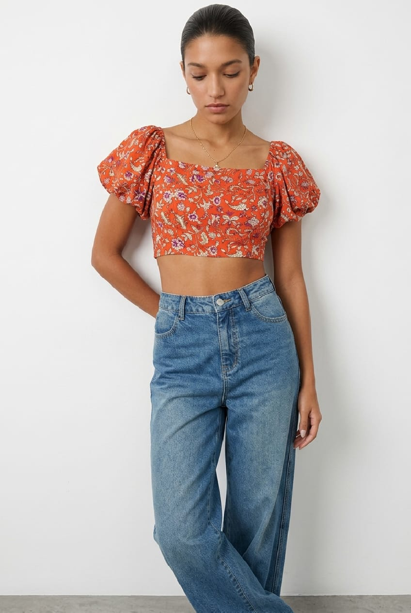 Red Boho Crop Top Short Sleeve Off Shoulder Full Volume for Ally Fashion