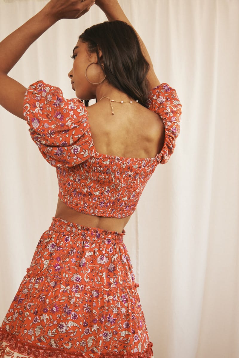 Red Boho Crop Top Short Sleeve Off Shoulder Full Volume for Ally Fashion