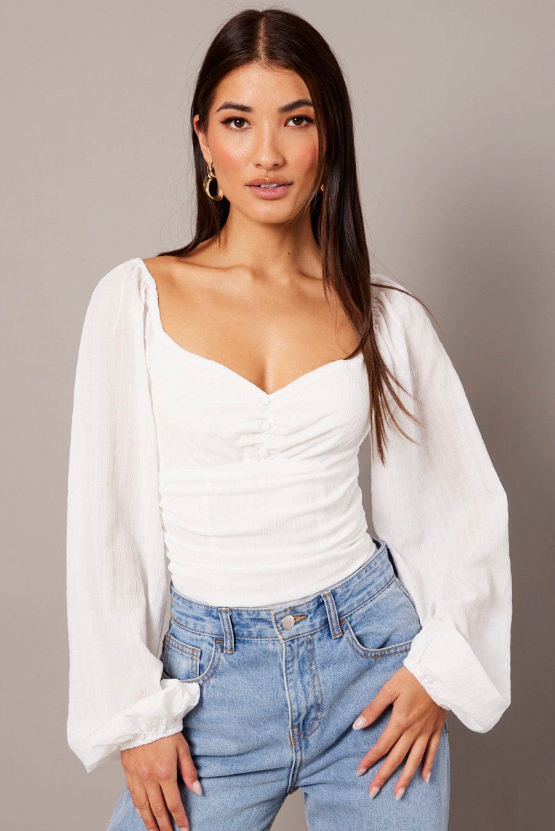 White Bodysuit Long Sleeve Ruched Textured for Ally Fashion