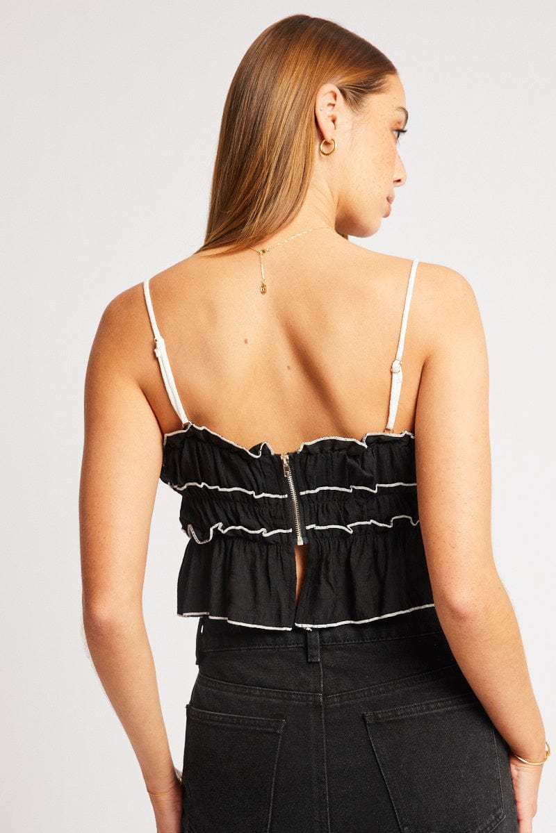 Black Tiered Cami Top Sleeveless Front Ribbon for Ally Fashion