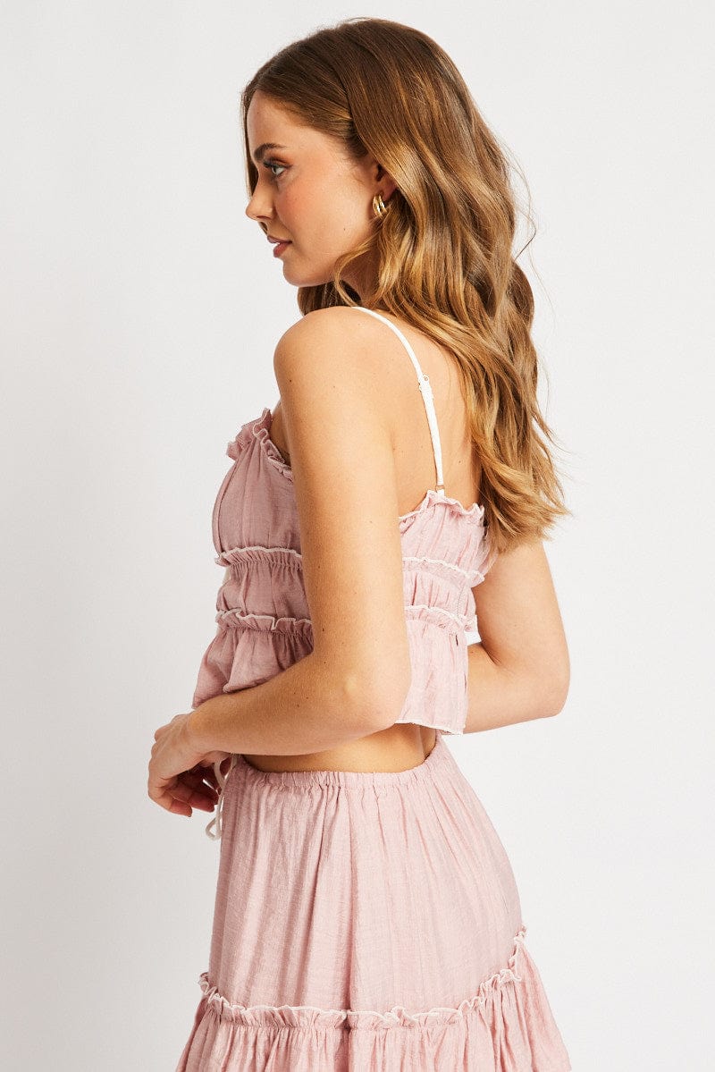 Pink Tiered Cami Top Sleeveless Front Ribbon for Ally Fashion