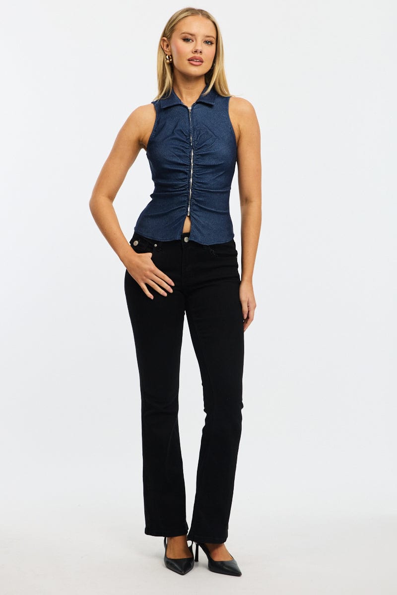 Denim Zip Up Top Sleeveless Collared Bengaline for Ally Fashion